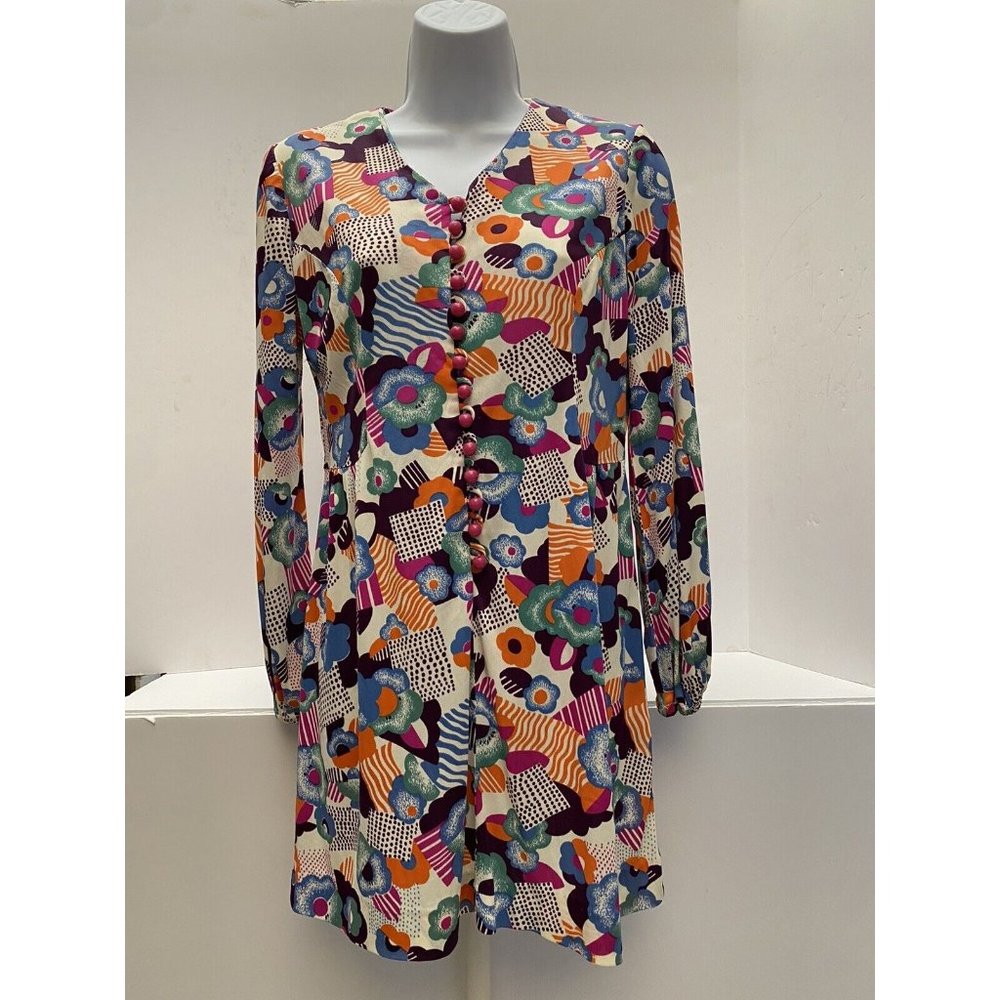 Vintage Boho Hippie Mini Dress / Psychedelic 1970s, Go-Go, Mod S/M Bold Colors